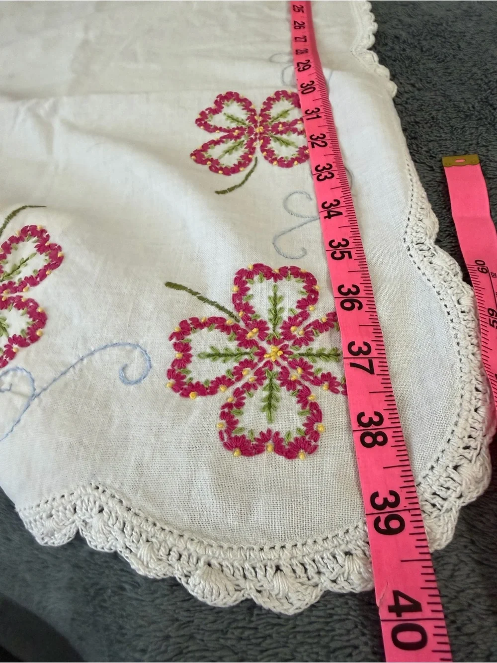 Embroidered Floral Linen Doily - Pink & Green